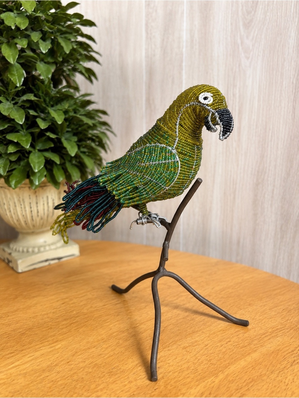 Handmade Beaded Parrot Sculpture on Metal Stand Artisan Wire Bird Décor